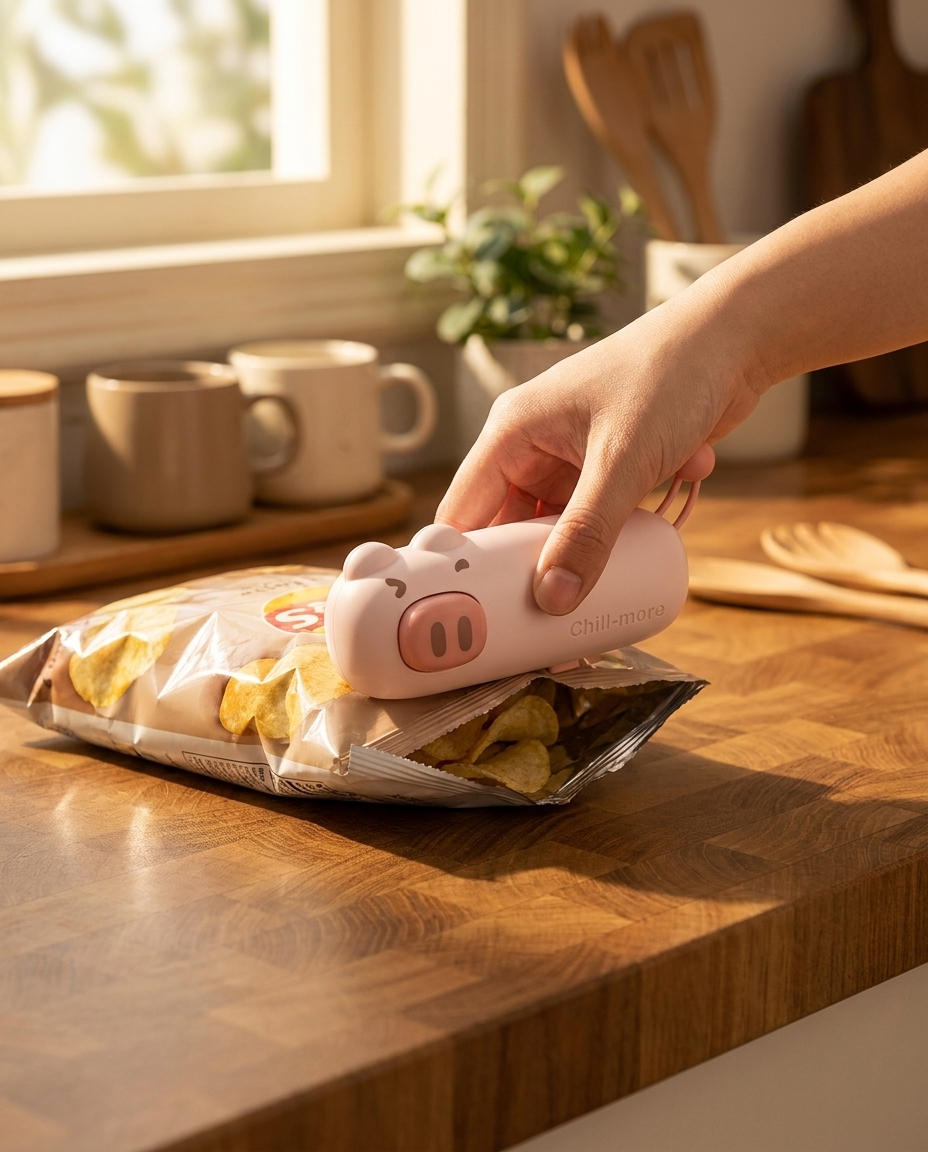 Sealing a bag of chips with SnapSeal Mini on a wood counter
