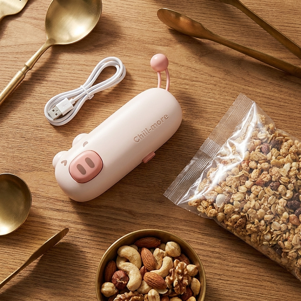 SnapSeal Mini flat lay with charging cable and resealed snacks