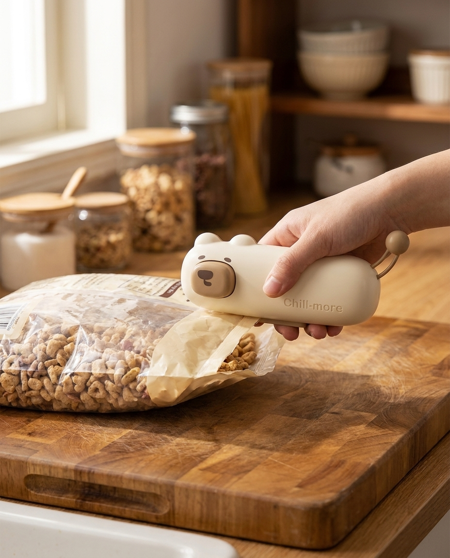Sealing a bag of cereal with SnapSeal Mini second design
