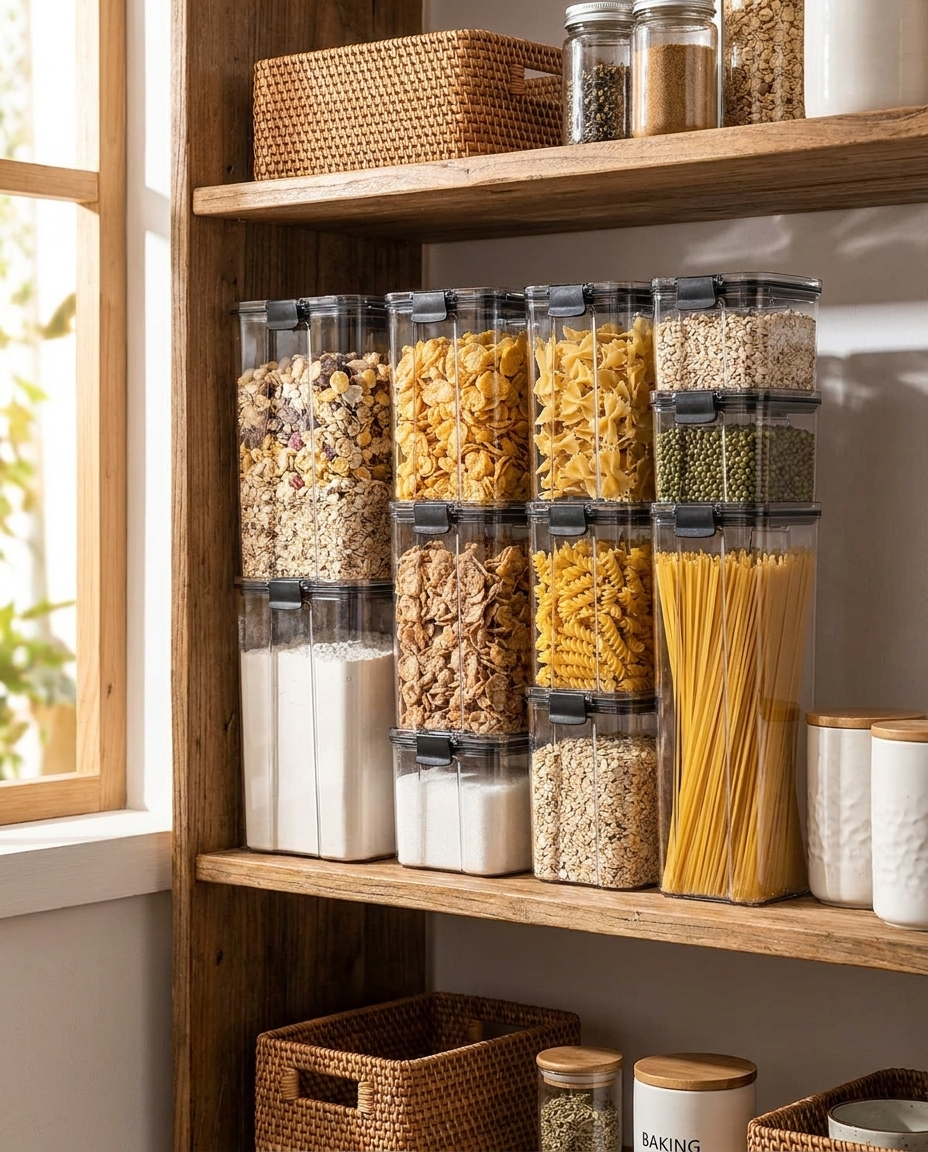Airtight Food Storage Containers organized on a pantry shelf
