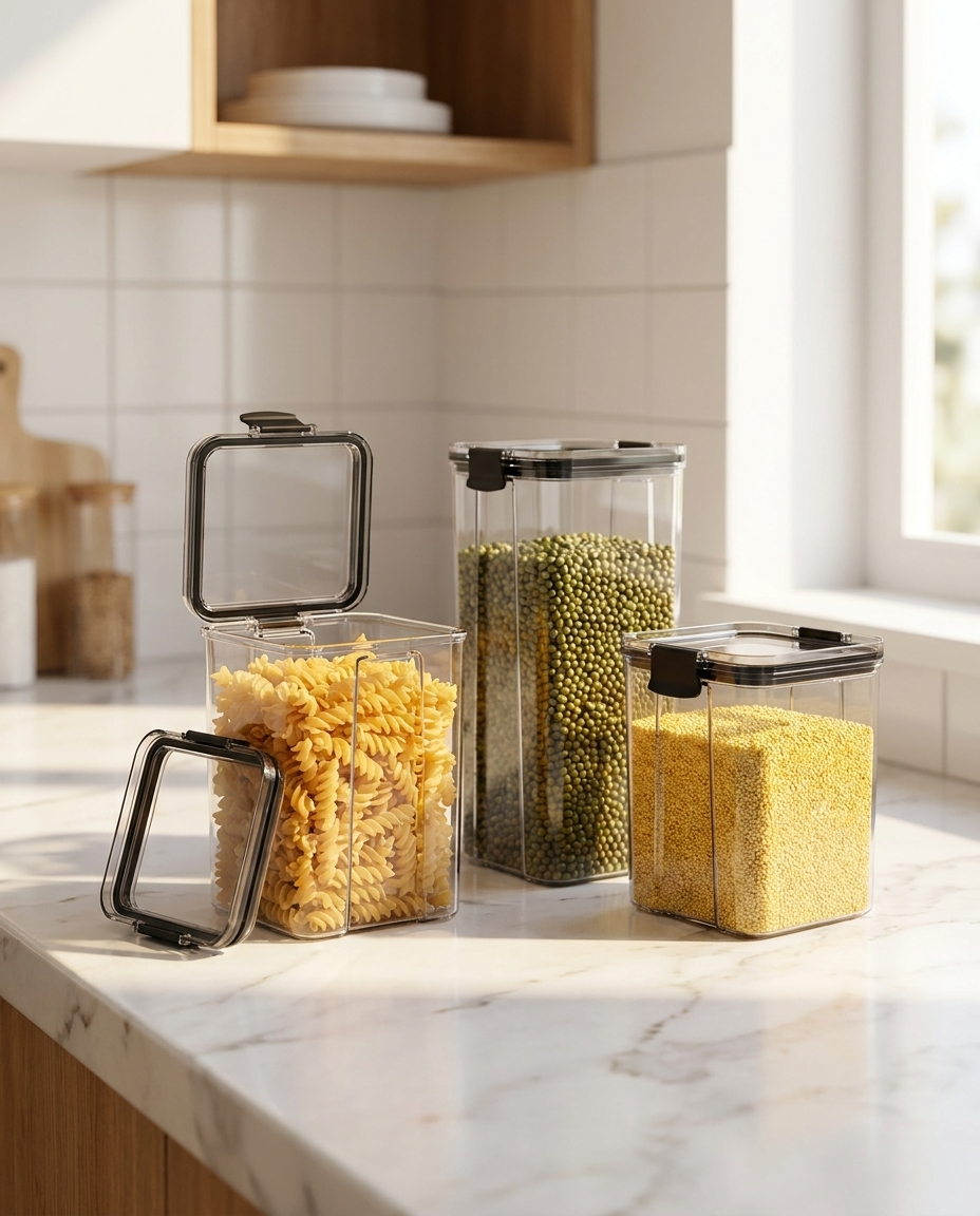 Airtight Food Storage Container set on warm marble kitchen counter