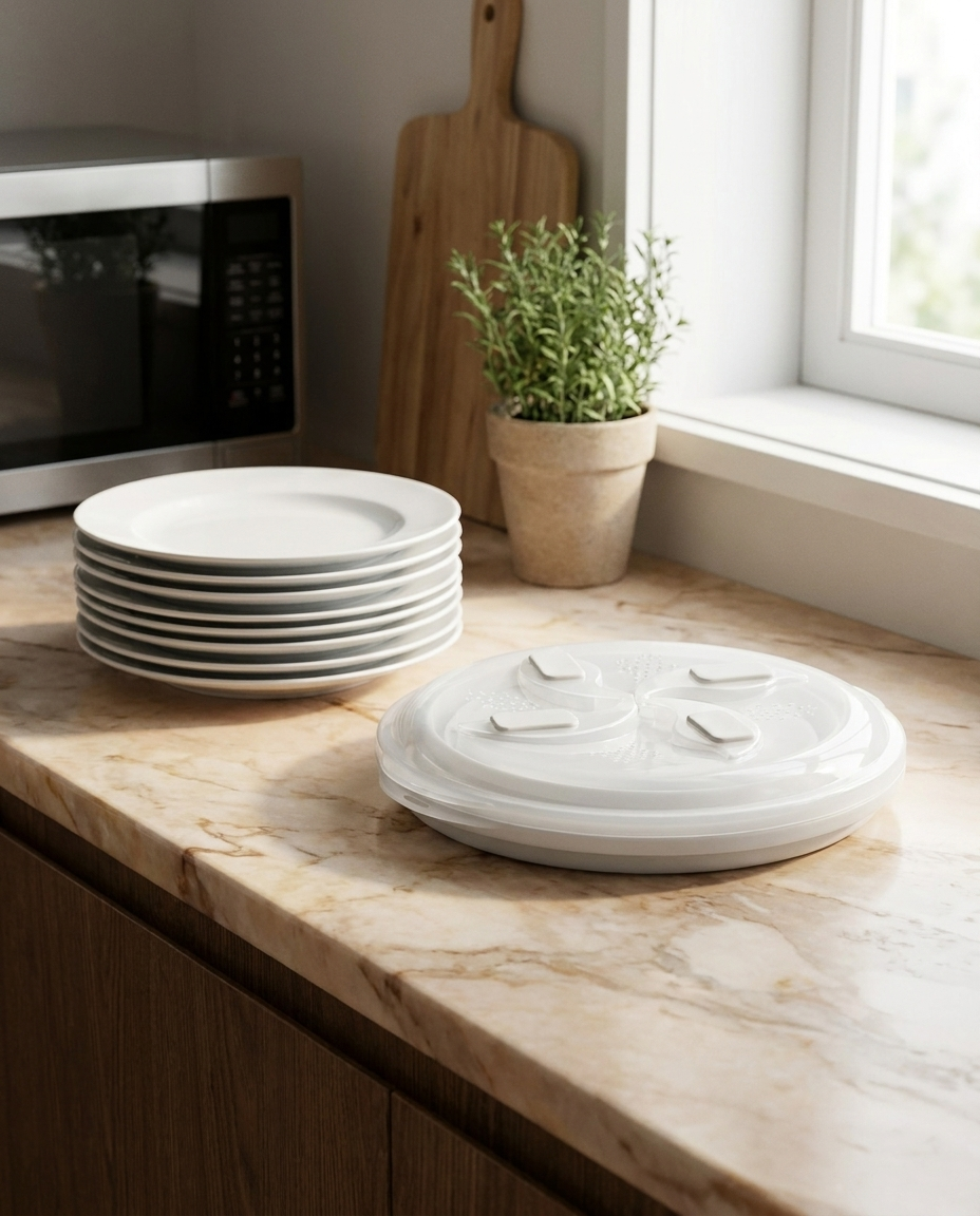 Collapsible Microwave Splatter Guard folded flat next to plates