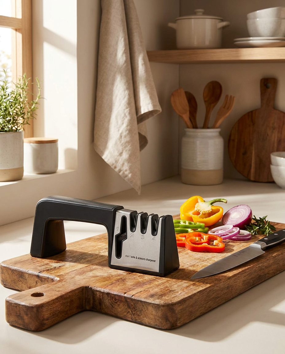 4-in-1 Knife & Scissor Sharpener beside a cutting board with fresh vegetables