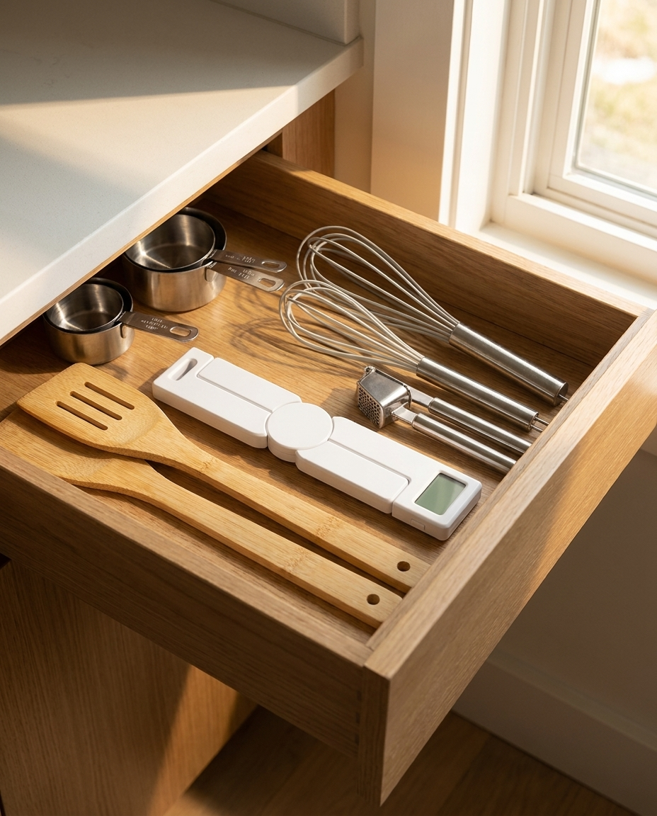 Foldable Digital Kitchen Scale folded flat in a kitchen drawer