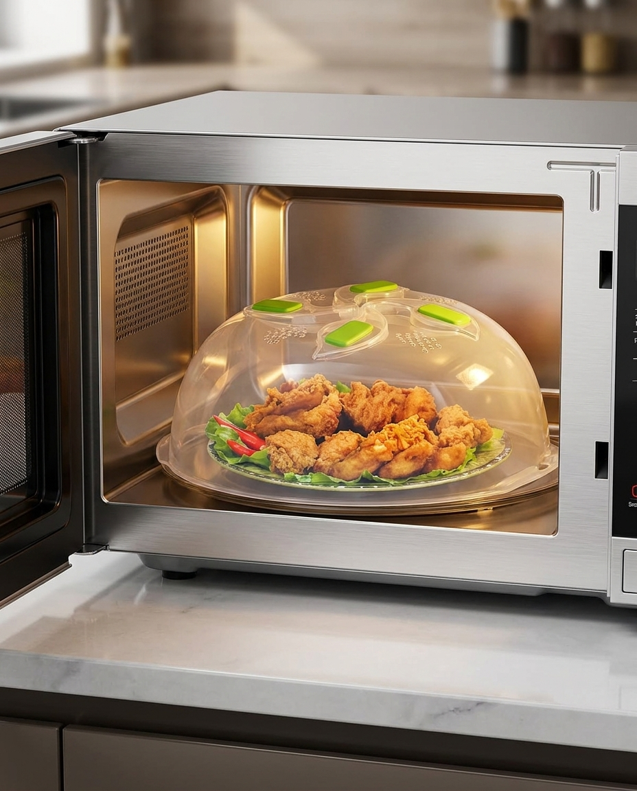 Collapsible Microwave Splatter Guard covering a plate in the microwave