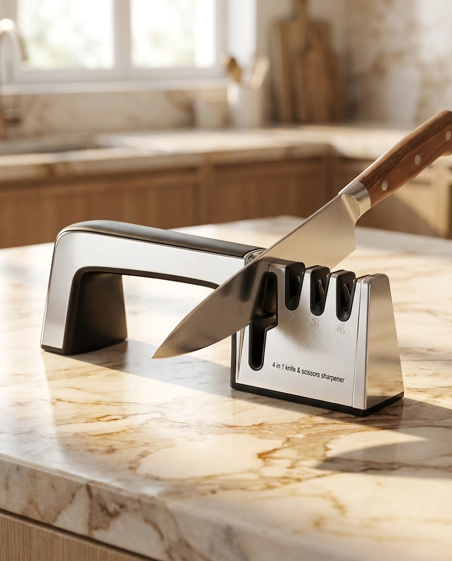 4-in-1 Knife & Scissor Sharpener sharpening a chef's knife on marble counter