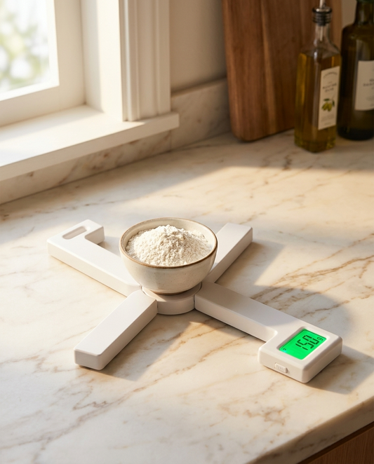 Foldable Digital Kitchen Scale weighing flour on warm marble counter