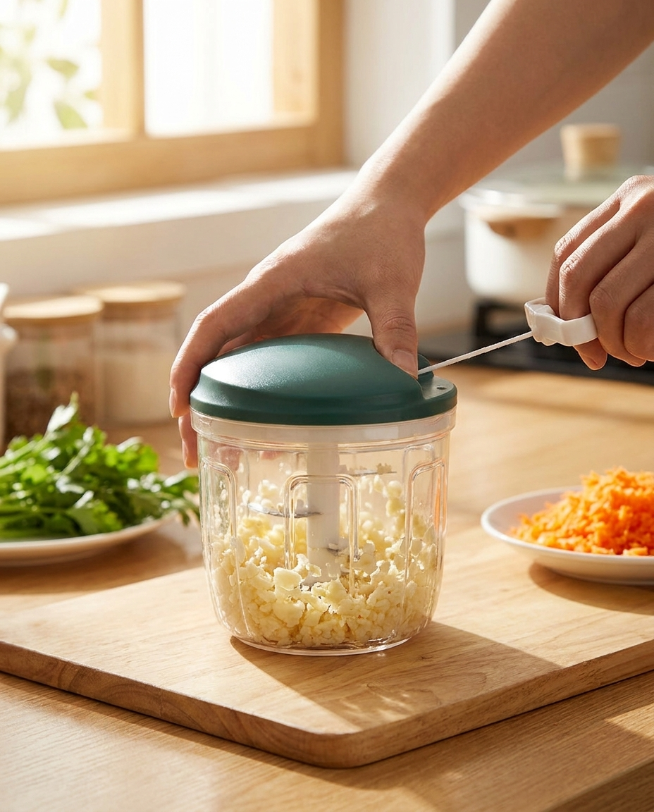 Hand pulling the cord on the Compact Manual Food Chopper with chopped garlic