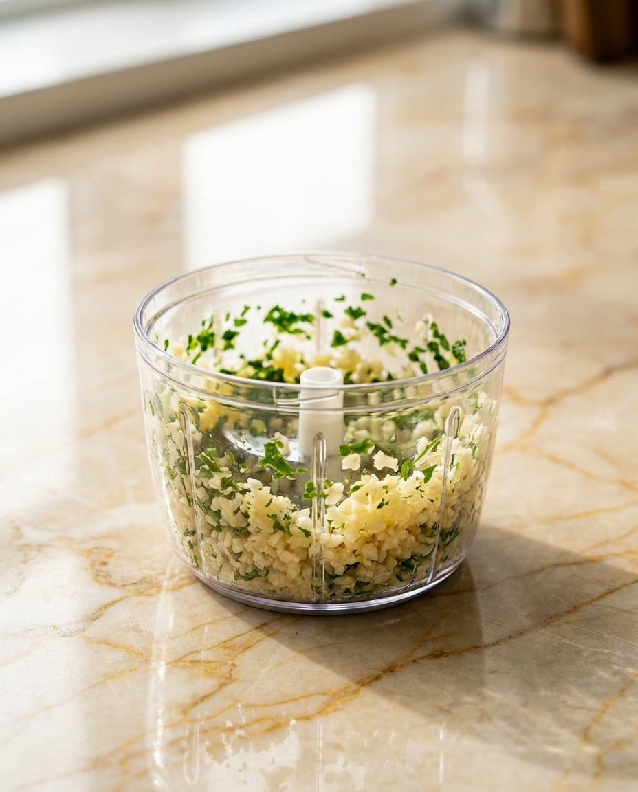 Close-up of Compact Manual Food Chopper bowl with chopped garlic and herbs