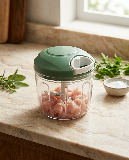 Compact Pull-Cord Manual Food Chopper on warm marble kitchen counter